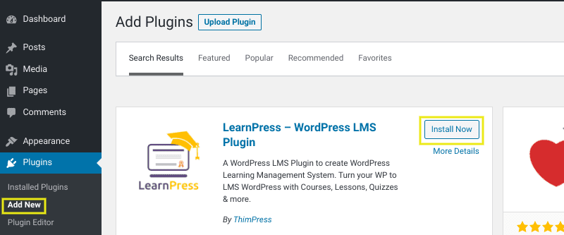 The option to install the LearnPress plugin in WordPress.