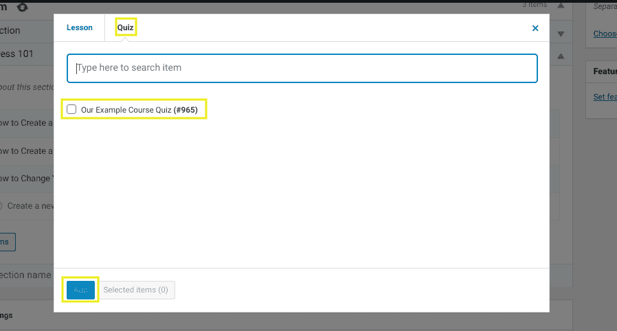 The option to add a quiz to a LearnPress WordPress course.