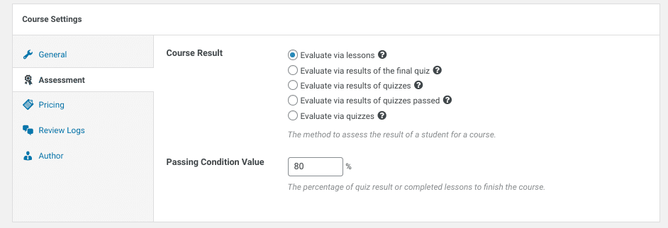 The assessment settings tab in the LearnPress WordPress plugin.