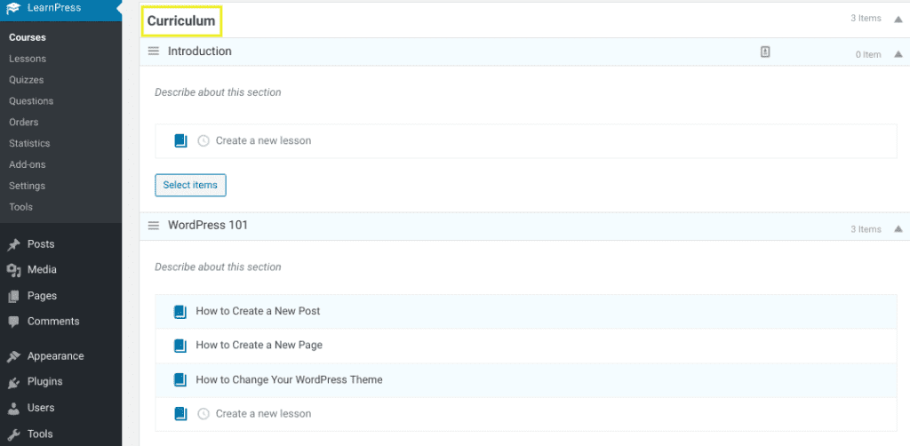 The 'Course Curriculum' section in the LearnPress WordPress plugin.