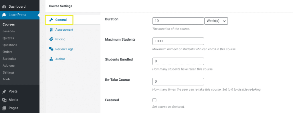 The general settings page of a new LearnPress course.