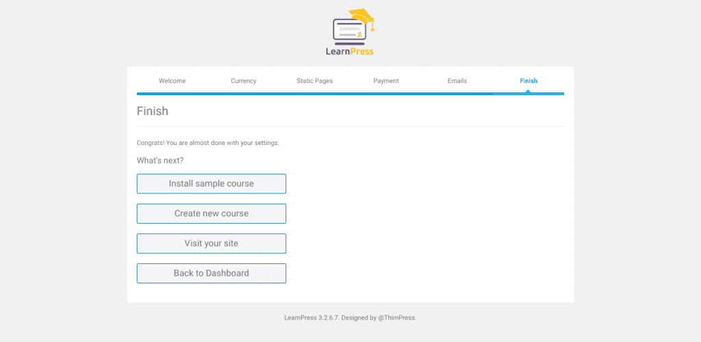 The last page of the LearnPress LMS WordPress plugin setup wizard.