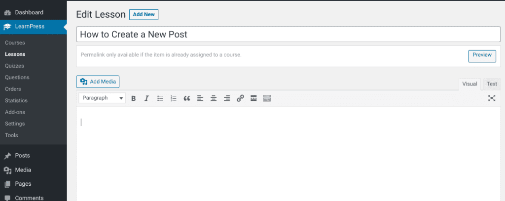 The lesson editor screen in the LearnPress WordPress plugin.