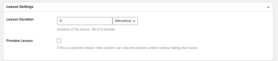 The lesson settings section in a LearnPress WordPress course.