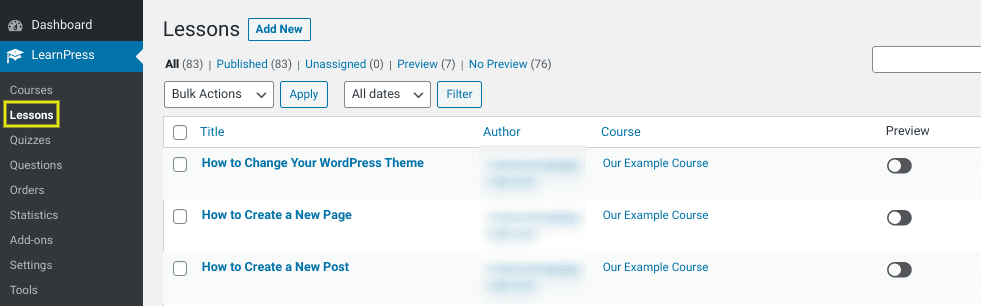 The 'Lessons' screen of the LearnPress WordPress plugin.