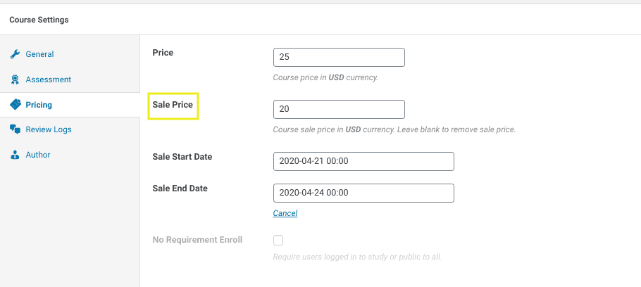 The online course sale price setting in the LearnPress WordPress plugin.