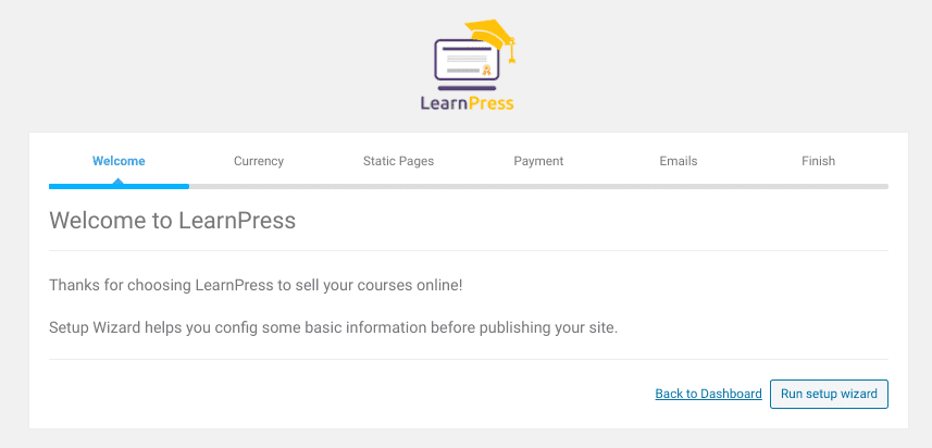 The welcome screen of the LearnPress LMS WordPress plugin.