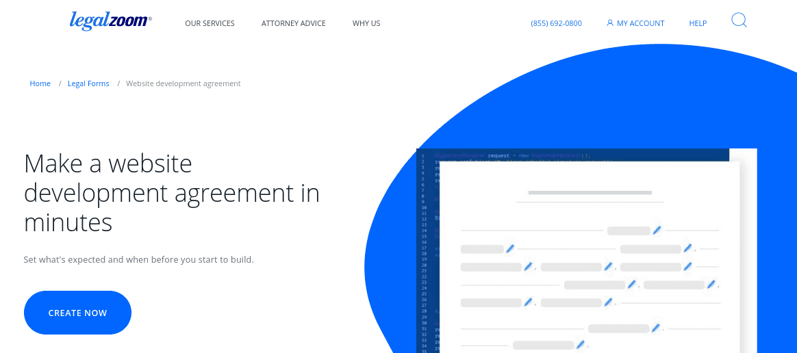 The website developer agreement on LegalZoom.