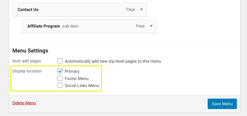 The menu display location settings in WordPress.