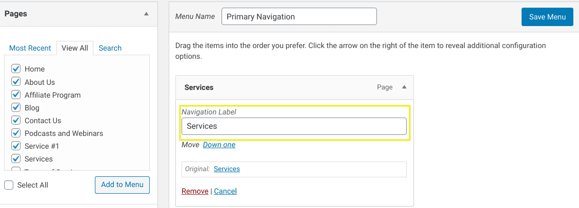 The menu item navigation label field in WordPress.