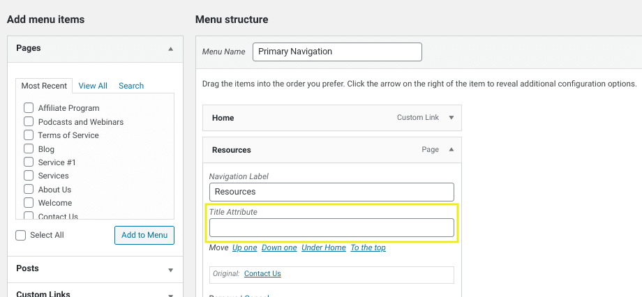 The 'title attribute' field in a WordPress menu item.