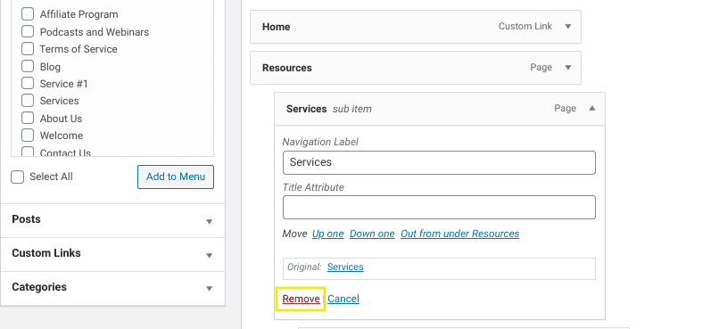 The option to remove a page from a WordPress menu.