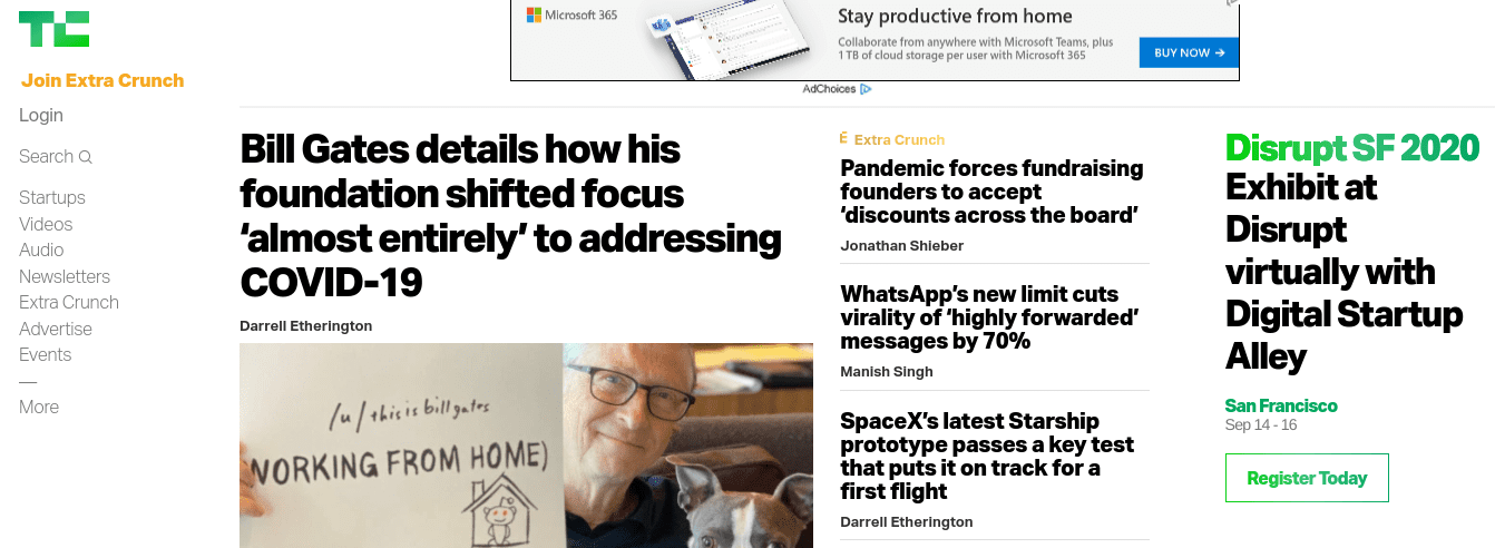 The TechCrunch website using WordPress.