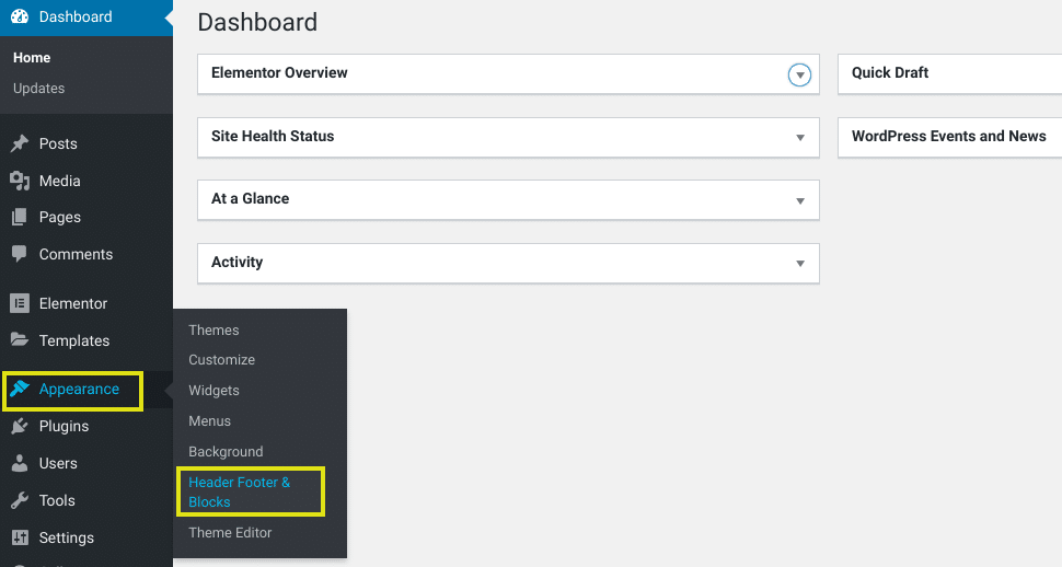 The 'Header Footer & Blocks' plugin menu item in the WordPress dashboard.