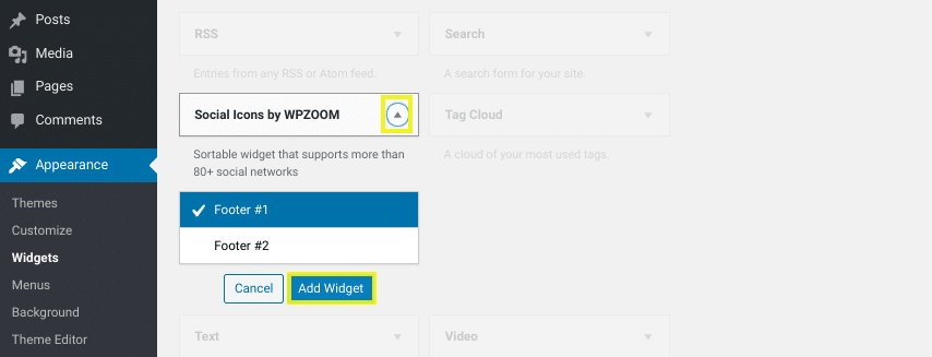 The settings screen to add a Social Icons widget to a WordPress footer.