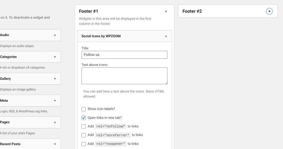 The panel to customize the social icons in the WordPress footer.