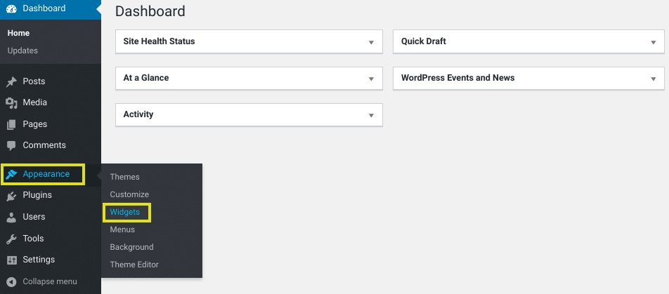 The menu item for 'Widgets' in the WordPress dashboard.