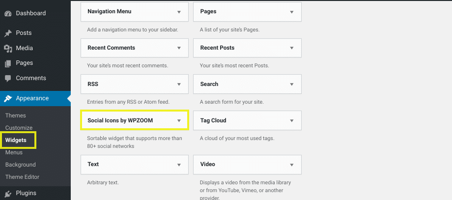 The available widgets page in WordPress.