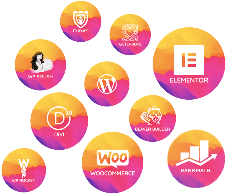 Large colorful circles float about with logos on them, including the logo for ithemes, Gutenberg, WP Smush, WordPress, Elementor, Divi, Beaver Builder, WP Rocket, WooCommerce and Rankmath.