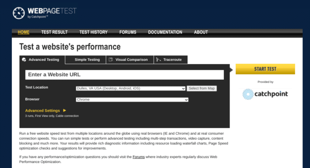 The WebPageTest.org website.