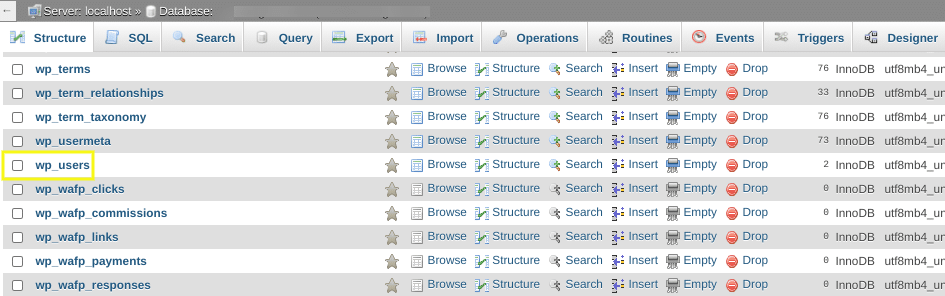 The 'wp_users' section in a WordPress database in phpMyAdmin.