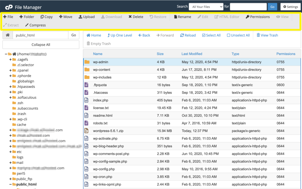 cPanel file manager tools.