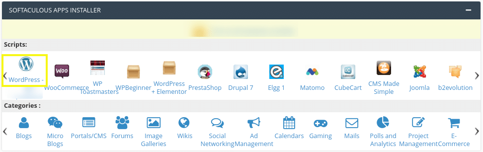 The Softaculous Installer with WordPress app in cPanel.