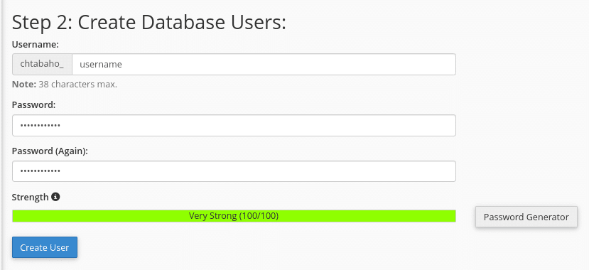 The screen to create a WordPress database username and password.