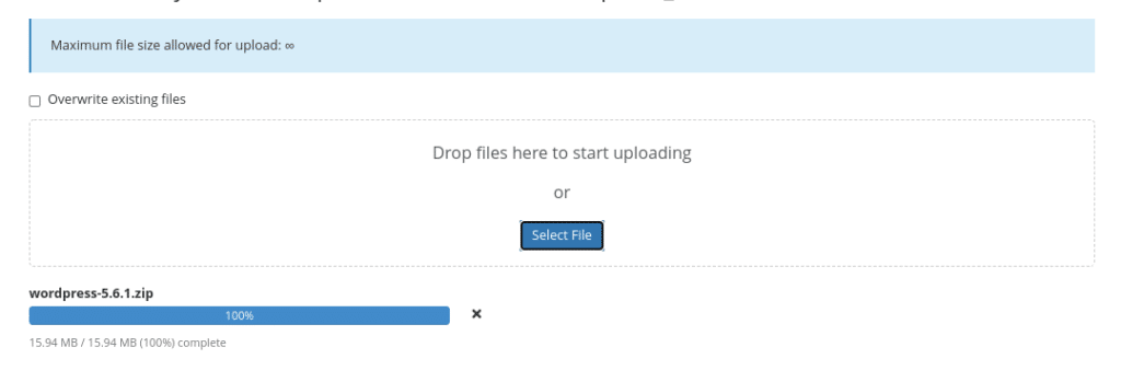 Uploading the WordPress ZIP file to cPanel.