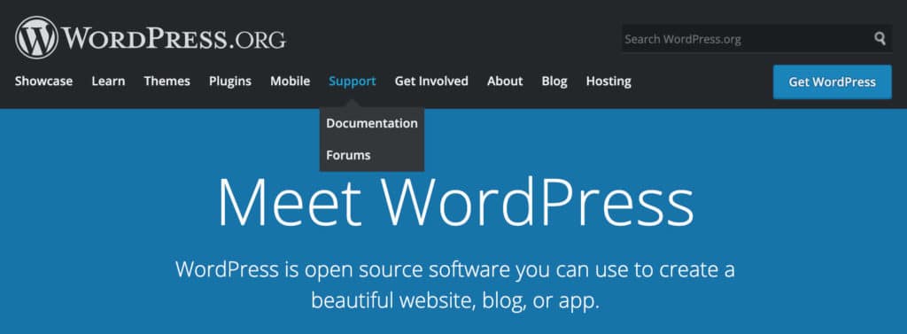 image of the WordPress.org Support menu