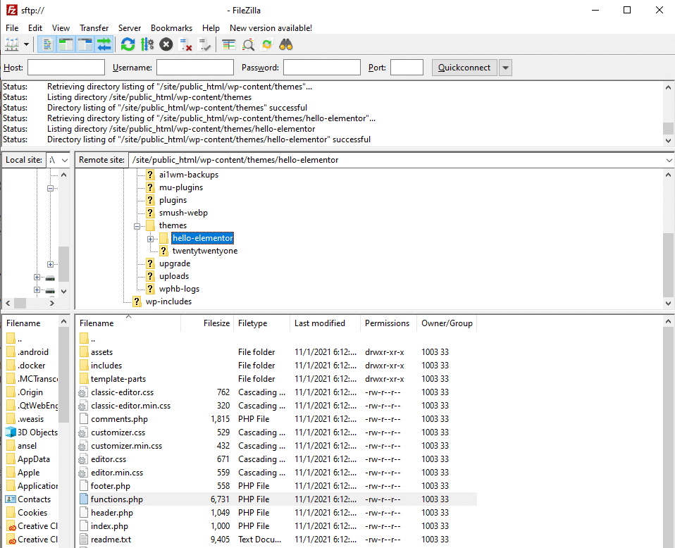 Изображение приложения FileZilla, подключенного к сайту, показывающее, как редактировать файл function.php в WordPress.