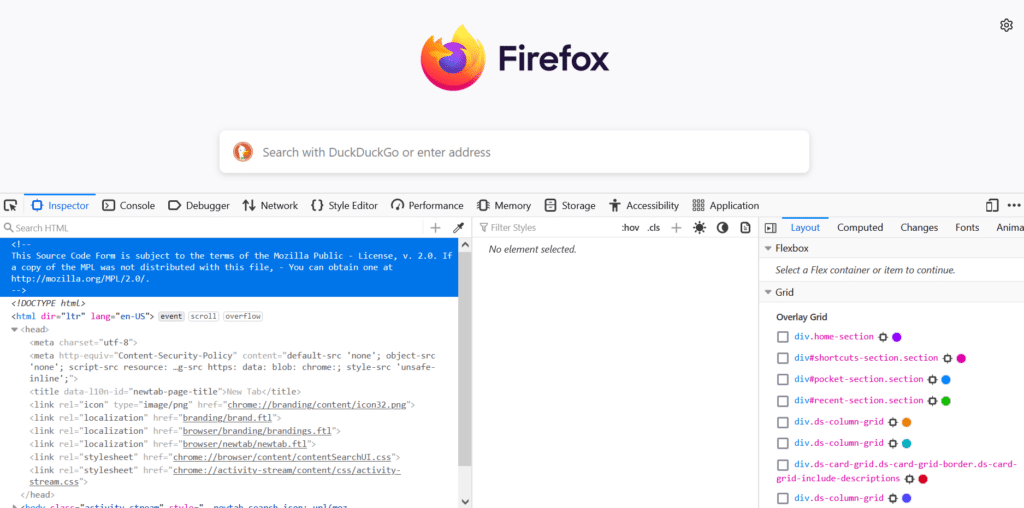 Изображение инструмента проверки браузера FireFox