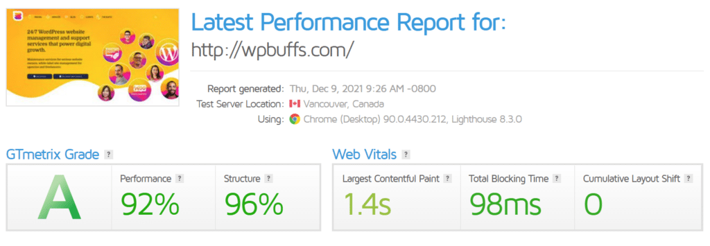 Image of  WordPress PlanetSpeed Performance Report in GTmetrix