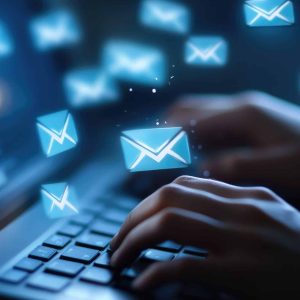 Close-up of hands typing on a keyboard, crafting email newsletters with a focus on content marketing