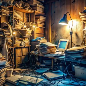 Cluttered, dimly lit workspace with piles of dusty files, tangled cords, and scraps of paper, evoking feelings of